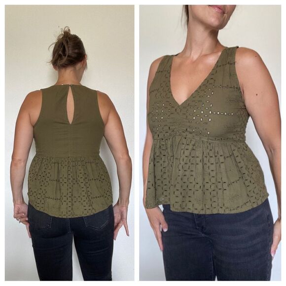 Melrose And Market Top Olive Embroidered XS Oversized Cotton Summer - Picture 1 of 10